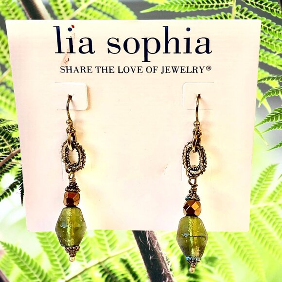 Lia Sophia Earrings Dangle Drop Hook Green Beads Copper Silvertone New in Box - Picture 4 of 10